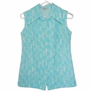 1200 * Graff Vintage 70s Sleeveless Button Down Shirt Teal White Size Unknown
